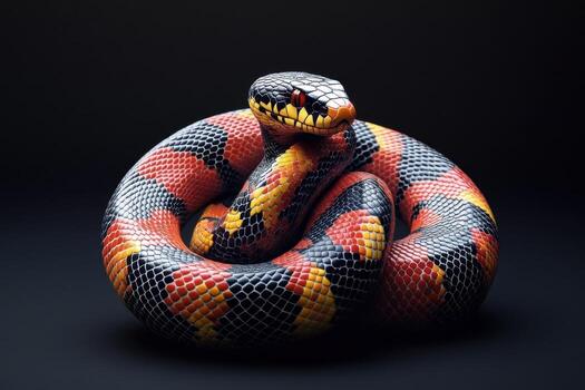 A snake with a black and red pattern on it's body photo