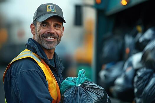 A man in a yellow vest and hat holding a bag of garbage photo