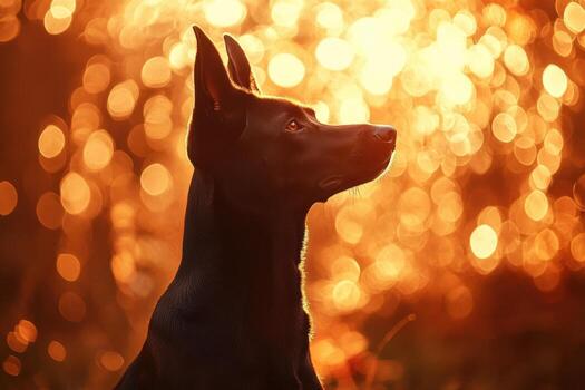 A black dog is standing in front of a bright light photo
