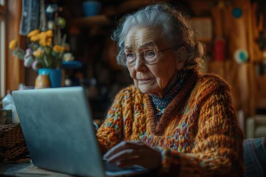 An elderly woman is using a laptop computer photo