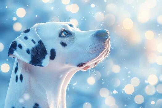 Dalmatian dog looking up at the sky with snow falling photo