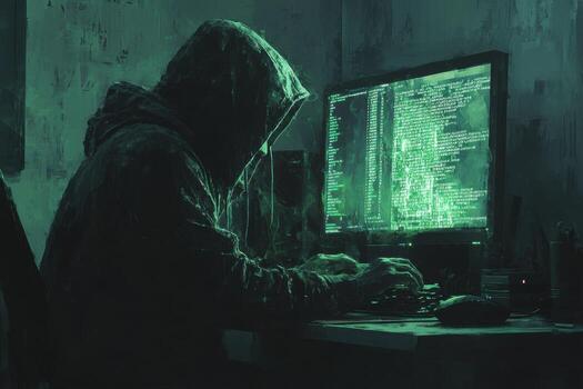 A person in a hoodie is sitting at a computer photo