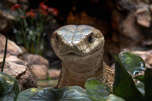 A large snake is sitting in a rock formation photo