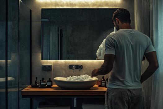 A man standing in front of a sink in a bathroom photo