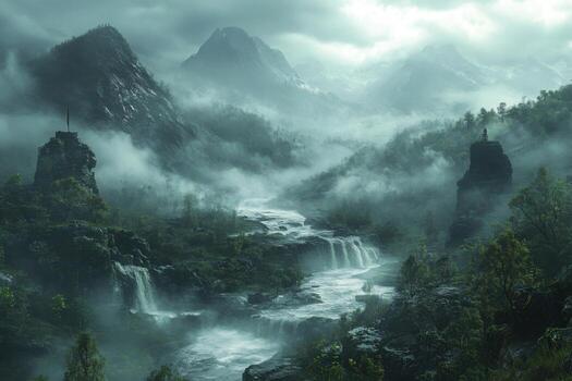 A waterfall in the middle of a forest with mountains in the background photo