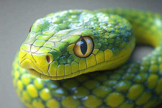 A close up of a green snake with yellow eyes photo