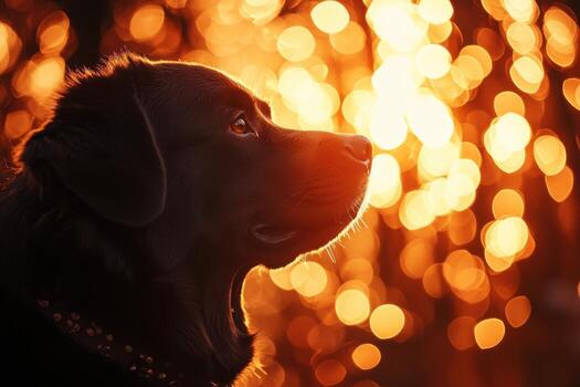 A dog is looking up at the sun in front of a blurry background photo