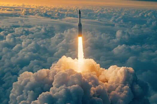A rocket is taking off into the sky photo