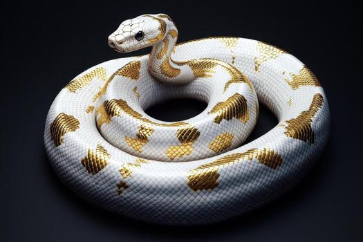 A white and gold snake with a black background photo