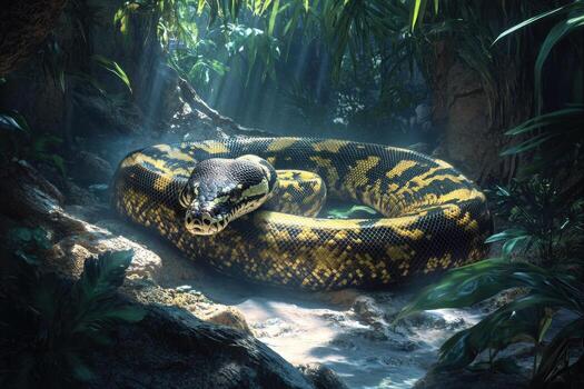 un grande serpiente es rizado arriba en el selva foto