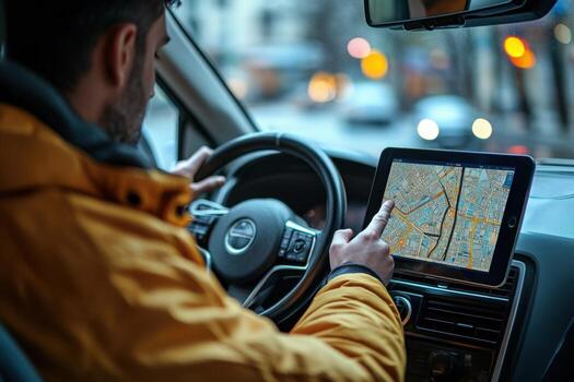 A man driving a car with a tablet on the dashboard photo