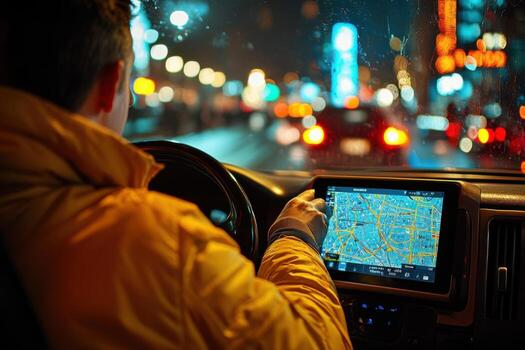 A man is driving a car at night with a map on the dashboard photo