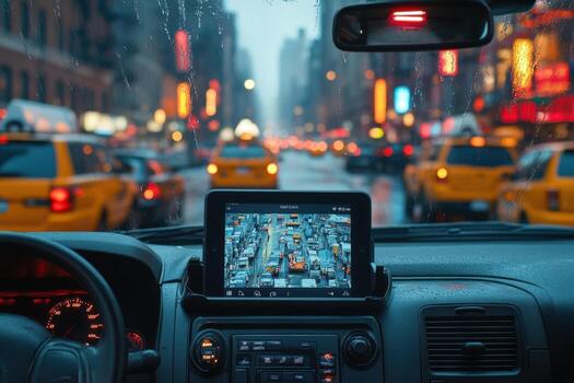A view of the dashboard of a car on a rainy day photo
