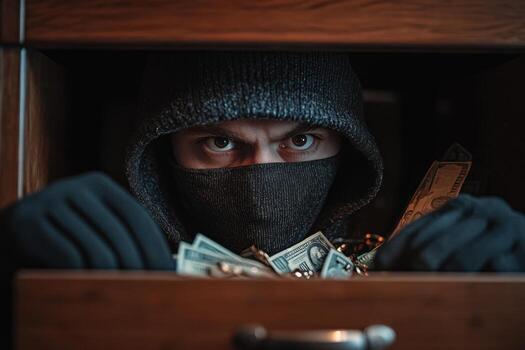 A man in a hoodie and mask is hiding behind a drawer photo