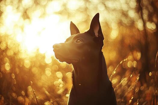 A dog is standing in a field with the sun in the background photo
