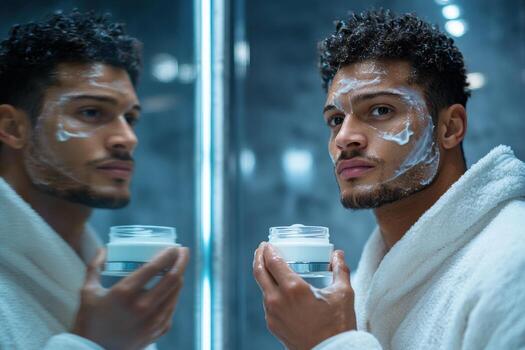 A man in a bathrobe is looking at his face in the mirror photo