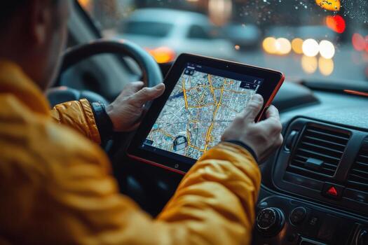 A man using a tablet while driving a car photo