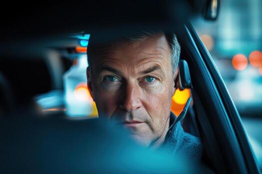 A man in a car looking at the camera photo