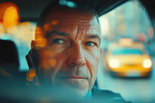 A man is looking out the window of a car photo