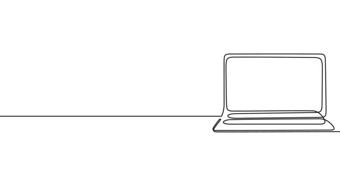 Continuous line laptop pc office computer screen work art outline illustration. Laptop continuous line digital doodle notebook single desktop typing business icon monitor email data technology. vector