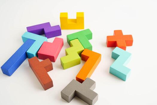 Logical thinking and problem solving problem solution creative business, wooden puzzle geometric block sha photo
