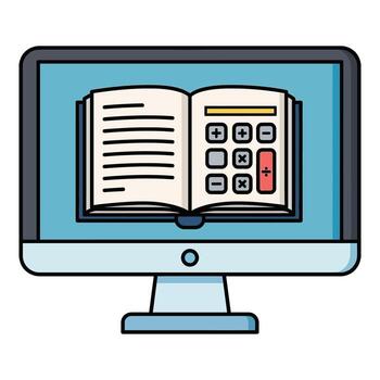 Computer screen displaying open book and calculator with math symbols monitor vector