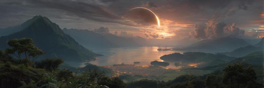Majestic Landscape with a Celestial Event over a Serene Lake and Mountains at Dusk photo