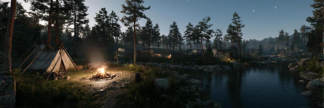 Serene Campfire Scene at Twilight Near a Peaceful Lake Surrounded by Pine Trees and a Magical Starry Sky photo