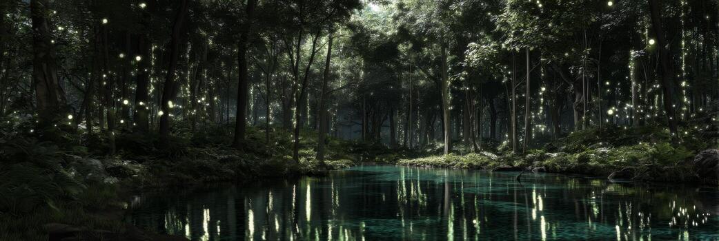 Enchanted Forest with Glowing Fireflies and Crystal Clear Water Reflecting Nature's Tranquility and Magic in a Serene Setting photo