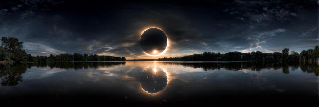 Stunning panoramic view of a solar eclipse over a tranquil lake surrounded by scenic trees under a dramatic sky photo