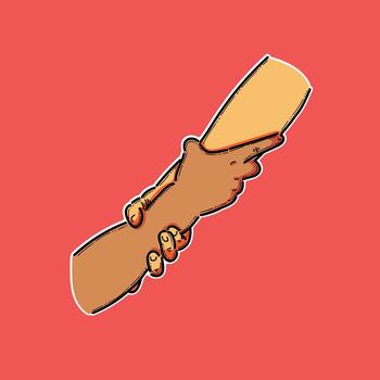 Creative illustration featuring hands clasping in support and unity, set against a bright red background, symbolizing trust, partnership, and assistance. vector