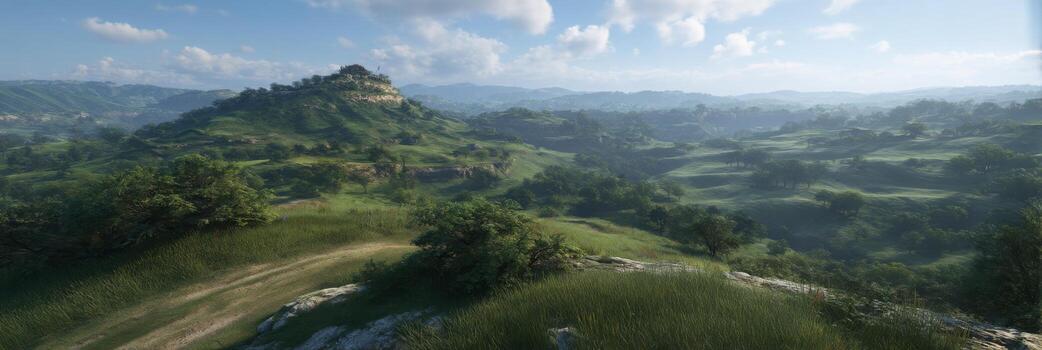 Serene Landscape with Rolling Hills and Lush Greenery Under a Blue Sky and Soft Clouds during Daylight in Nature photo