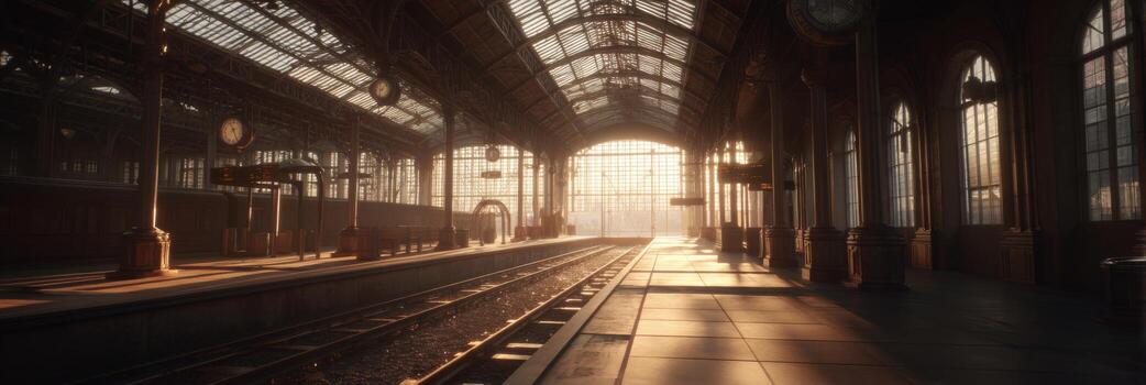 Tranquil Morning Scene of an Abandoned Train Station with Soft Light Streaming Through Large Windows photo