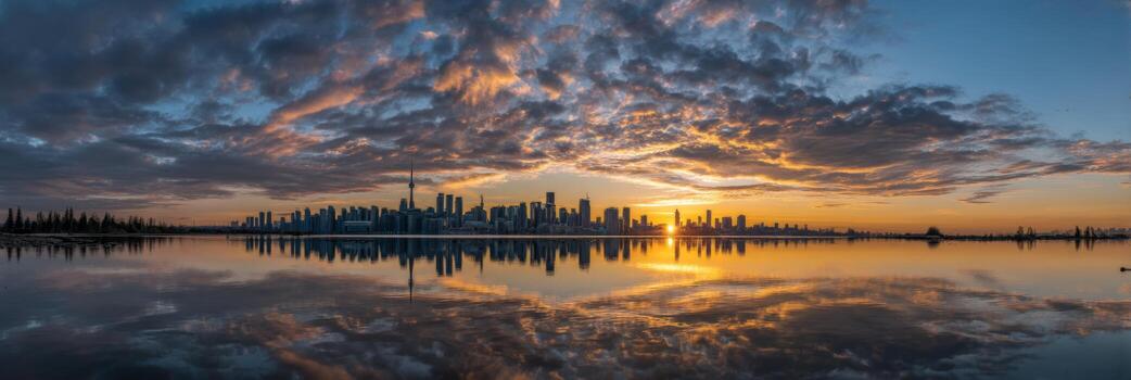Stunning Panoramic View of Toronto Skyline at Sunrise with Reflections on Water and Vibrant Clouds in the Sky photo