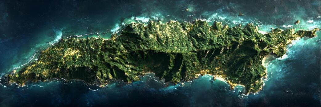 Aerial View of an Island Surrounded by Clear Blue Waters and Vivid Green Forests in a Perfect Tropical Paradise Setting photo