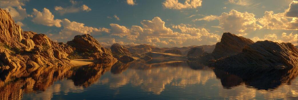 Serene Landscape with Sunlit Rocks, Calm Waters, and Dramatic Clouds in a Majestic Natural Setting at Dusk photo