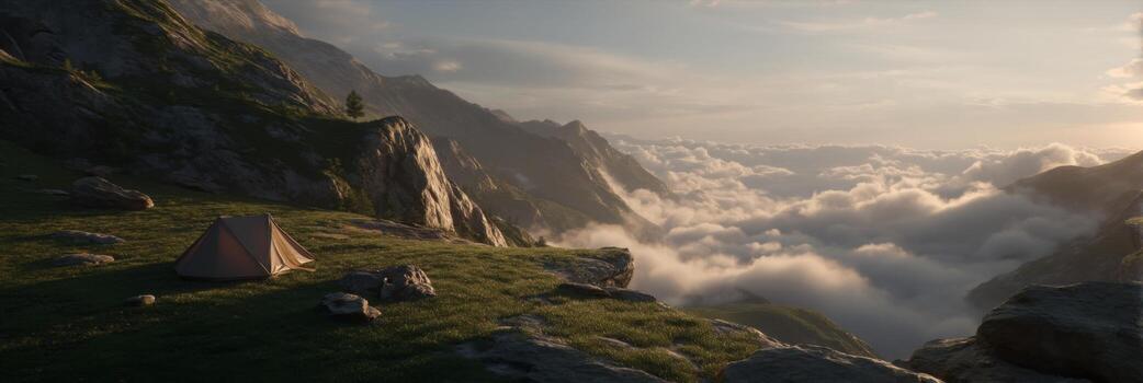 Serene Camping Scene with Tent Overlooking Majestic Mountain Range and Clouds at Sunrise photo