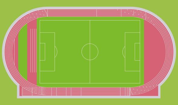 Top view illustration of a football field with surrounding running track, stadium layout in green and red colors. vector