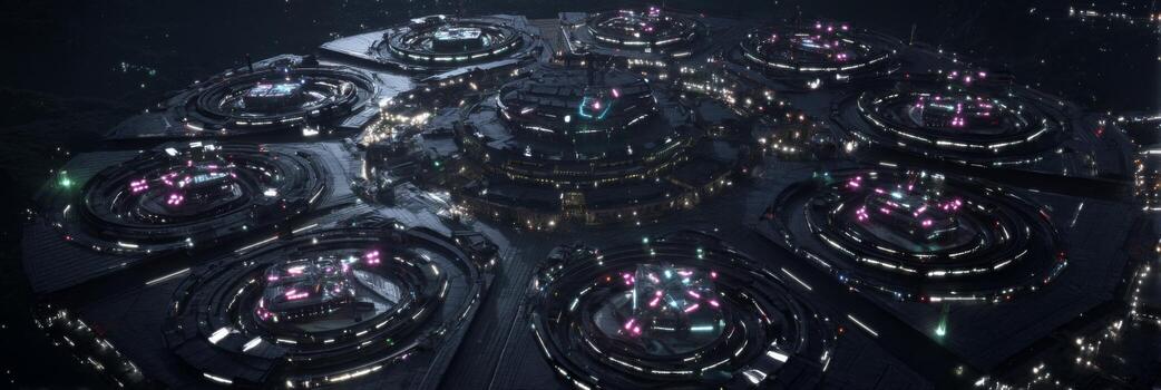 Futuristic urban landscape at night, showcasing illuminated circular structures with vibrant lights in a sci-fi setting photo