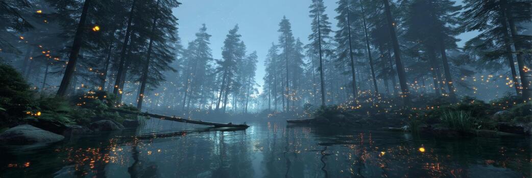Enchanted Forest with Misty River and Glowing Fireflies at Dusk in Serene Wilderness Landscape photo