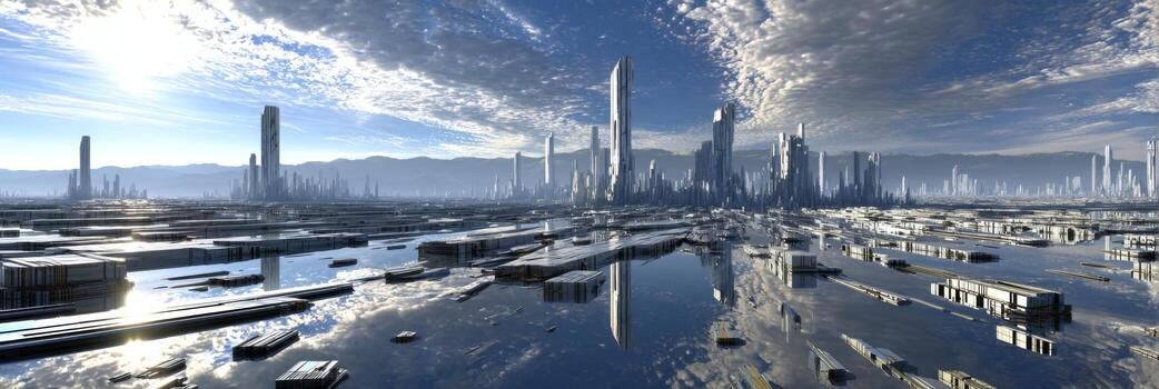 Futuristic Cityscape with Reflections on Water Under a Bright Sky Filled with Clouds and Majestic Mountains in the Distance photo