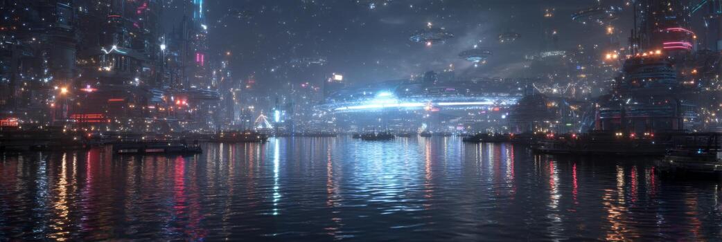 Vibrant futuristic city skyline at night with illuminated buildings and reflections on calm water, showcasing advanced technologies photo