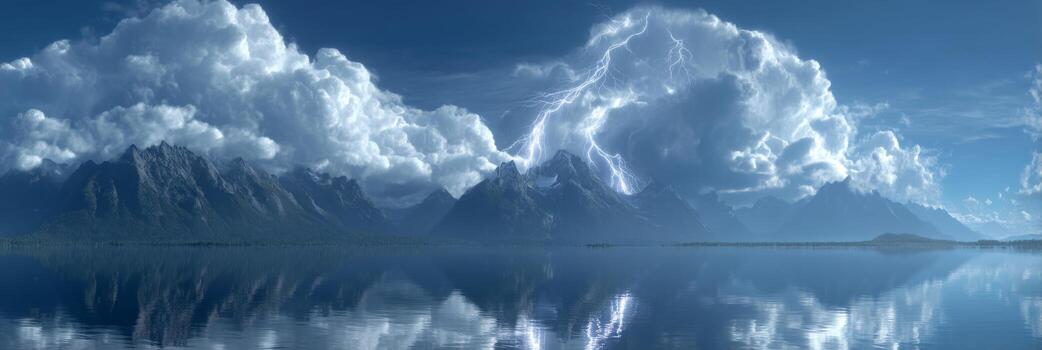 Dramatic Lightning Storm Over Serene Mountain Lake Under a Soft Blue Sky with Fluffy Clouds and Mirror-Like Reflections photo