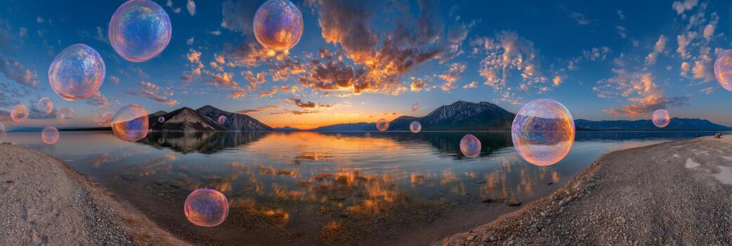Ethereal Sunset Over Calm Lake with Floating Bubbles in a Vibrant Sky and Serene Landscape photo