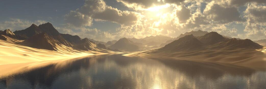 Serene Desert Landscape with Dramatic Clouds Reflecting in Calm Water at Golden Hour photo