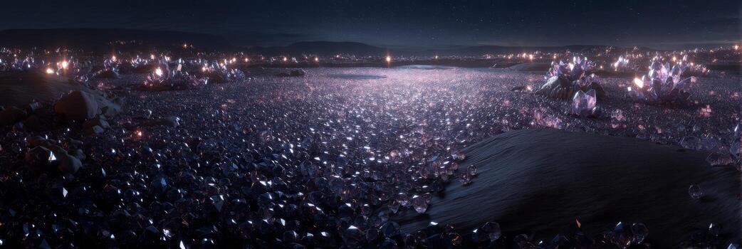 Mystic night landscape with sparkling crystals under starlit sky in a serene and tranquil setting photo