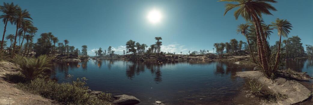 Lush Tropical Landscape with Palm Trees and Calm Water Under Bright Sunlight in a Serene Nature Setting photo