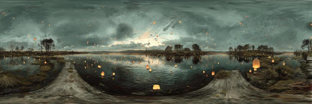 Dreamy twilight landscape with glowing lanterns near tranquil water under a stormy sky and reflections of trees and clouds photo
