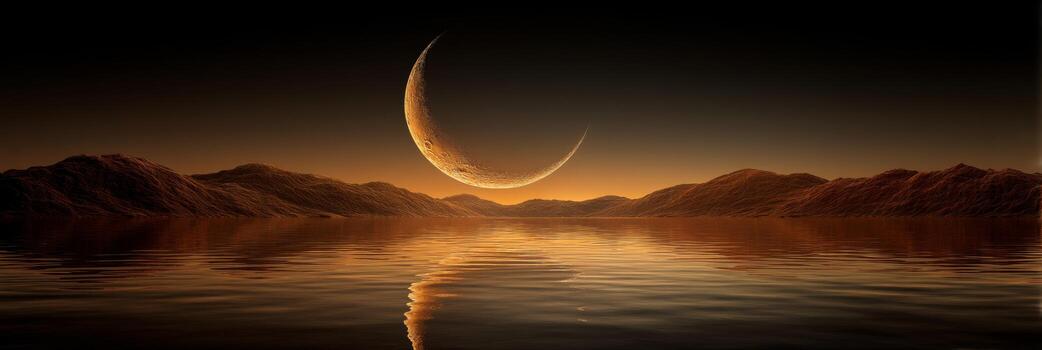 Serene Twilight Landscape with Crescent Moon Reflecting on Calm Water Surrounded by Majestic Mountains photo