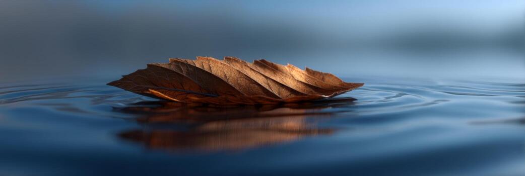 Single Brown Leaf Floating Gently on Calm Water Surface with Soft Ripples and Natural Reflection in Tranquil Environment photo